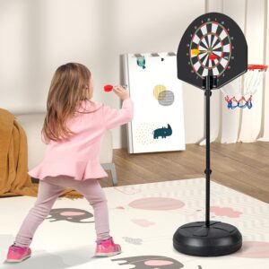 2 in 1 basketball & magnetic dart game for kids – indoor sports play set with ball, pump & hoop