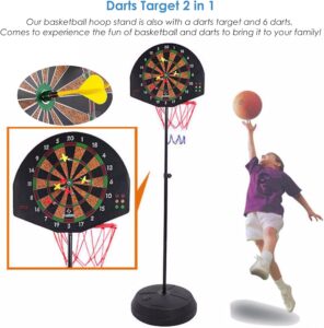 2 in 1 basketball & magnetic dart game for kids – indoor sports play set with ball, pump & hoop