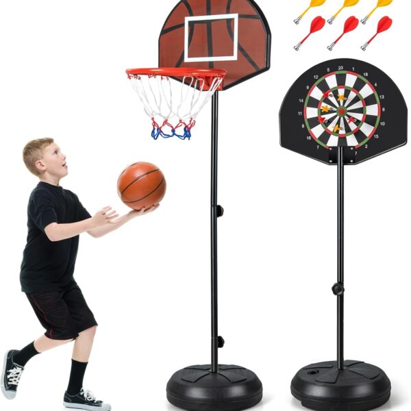 2 in 1 basketball & magnetic dart game for kids – indoor sports play set with ball, pump & hoop