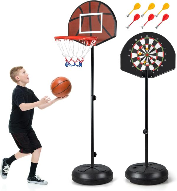 2 in 1 basketball & magnetic dart game for kids – indoor sports play set with ball, pump & hoop
