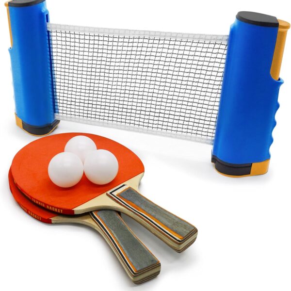 ninja table tennis combo set | 2 rackets + 3 balls with adjustable & foldable tt net – multicolor (sstp)