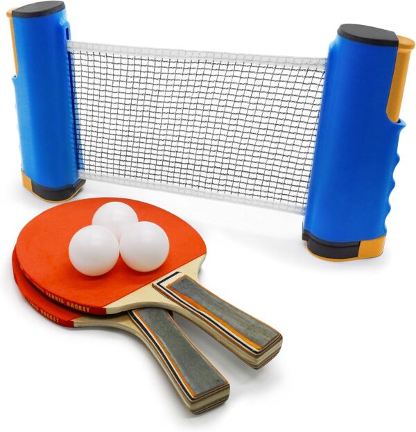 ninja table tennis combo set | 2 rackets + 3 balls with adjustable & foldable tt net – multicolor (sstp)