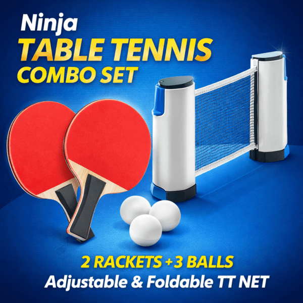 ninja table tennis combo set | 2 rackets + 3 balls with adjustable & foldable tt net – multicolor (sstp)