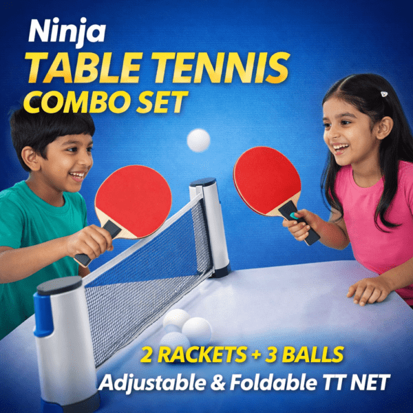 ninja table tennis combo set | 2 rackets + 3 balls with adjustable & foldable tt net – multicolor (sstp)