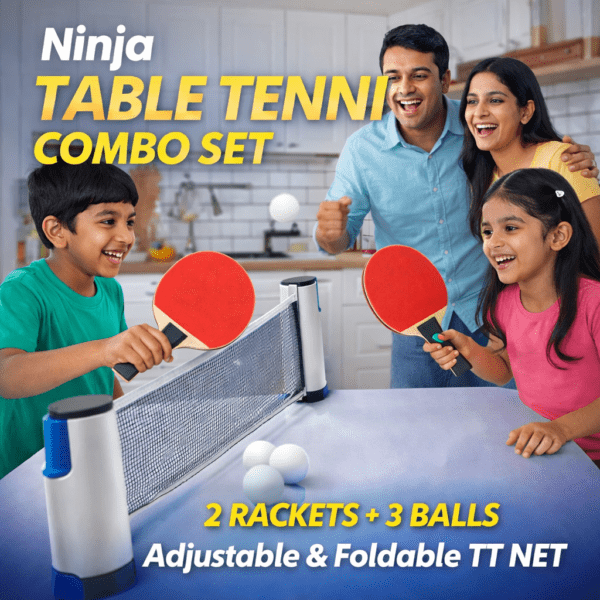 ninja table tennis combo set | 2 rackets + 3 balls with adjustable & foldable tt net – multicolor (sstp)