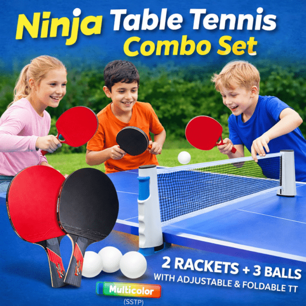Home ninja table tennis combo set | 2 rackets + 3 balls with adjustable & foldable tt net β multicolor (sstp)