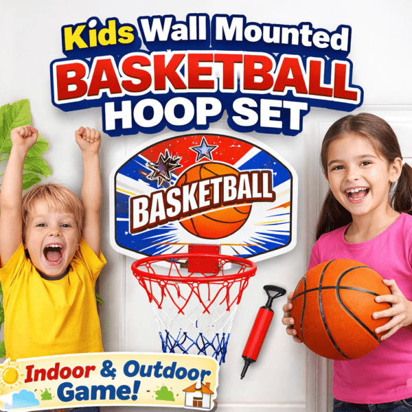 kids wall mounted basketball hoop set with net, ball & pump – indoor & outdoor portable basketball game for children