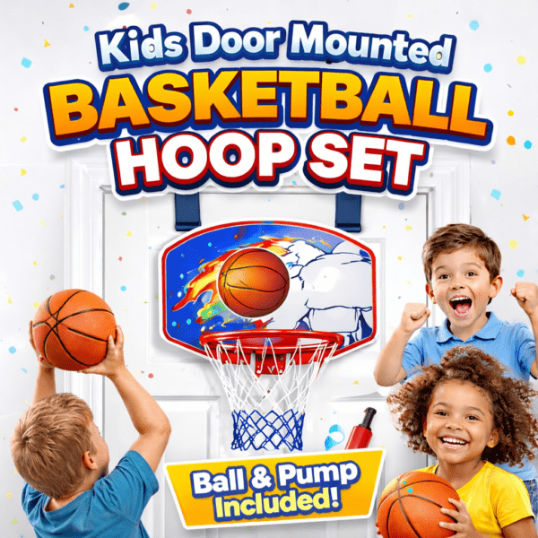 kids wall mounted basketball hoop set with net, ball & pump – indoor & outdoor portable basketball game for children