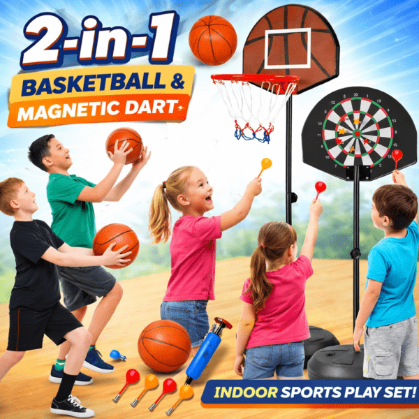 2 in 1 basketball & magnetic dart game for kids – indoor sports play set with ball, pump & hoop