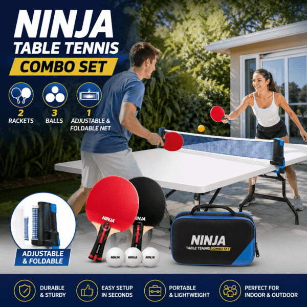 ninja table tennis combo set | 2 rackets + 3 balls with adjustable & foldable tt net – multicolor (sstp)