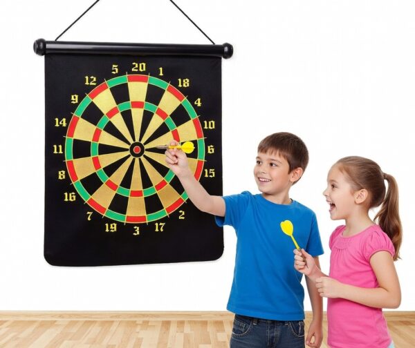magnetic dart board game set – double sided roll up target board with 6 safe magnetic darts for kids & adults