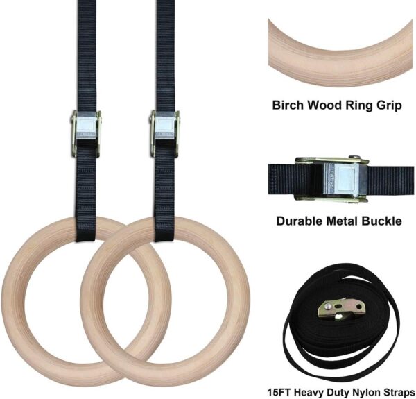 premium wooden gymnastic rings with heavy duty adjustable straps – olympic strength training rings for pull ups, dips & cross training