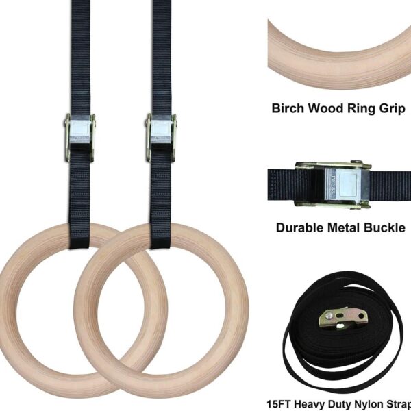premium wooden gymnastic rings with heavy duty adjustable straps – olympic strength training rings for pull ups, dips & cross training