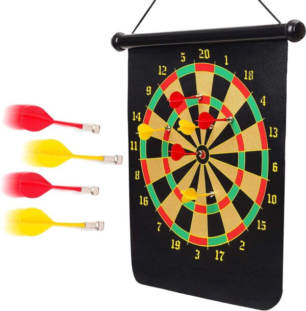 magnetic dart board game set – double sided roll up target board with 6 safe magnetic darts for kids & adults