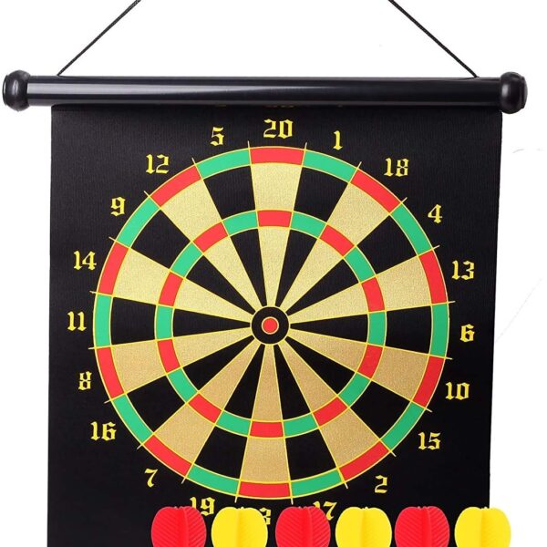 magnetic dart board game set – double sided roll up target board with 6 safe magnetic darts for kids & adults