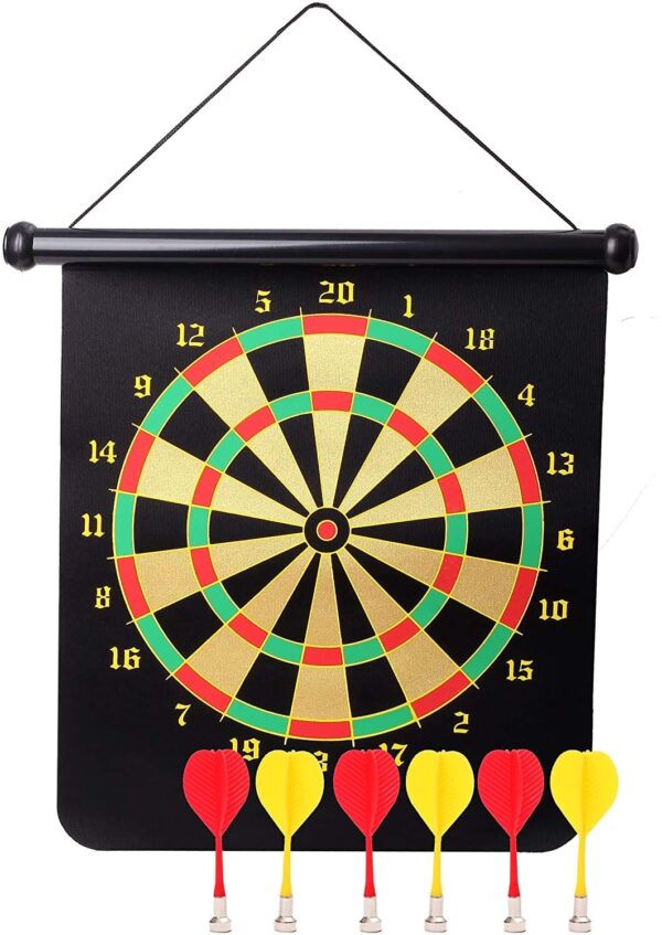 magnetic dart board game set – double sided roll up target board with 6 safe magnetic darts for kids & adults