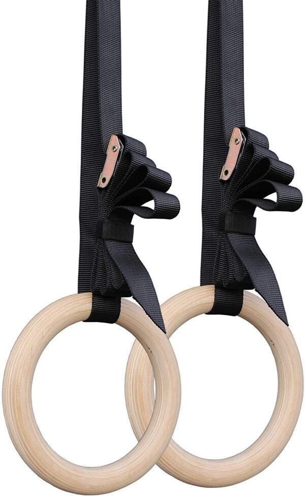premium wooden gymnastic rings with heavy duty adjustable straps – olympic strength training rings for pull ups, dips & cross training