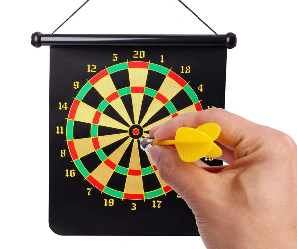 magnetic dart board game set – double sided roll up target board with 6 safe magnetic darts for kids & adults