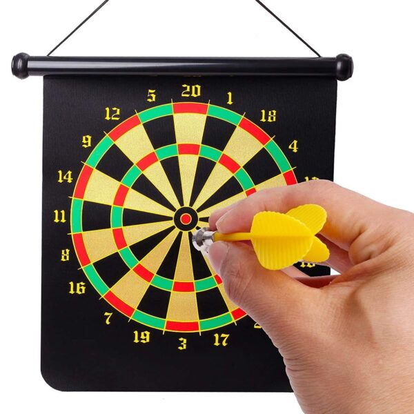 magnetic dart board game set – double sided roll up target board with 6 safe magnetic darts for kids & adults