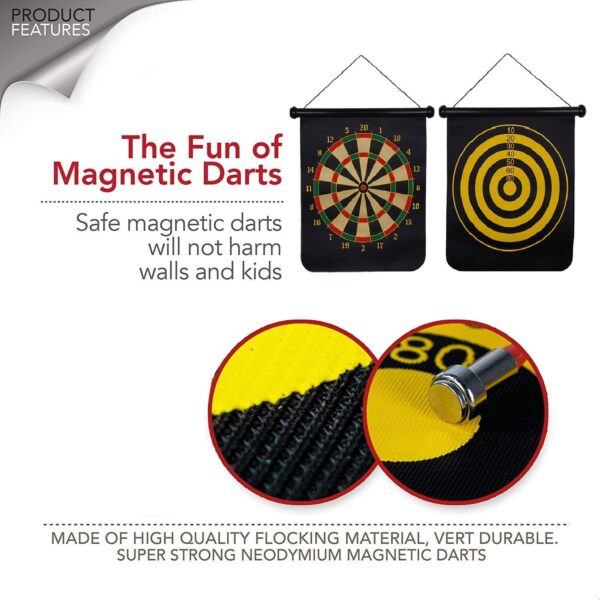 magnetic dart board game set – double sided roll up target board with 6 safe magnetic darts for kids & adults