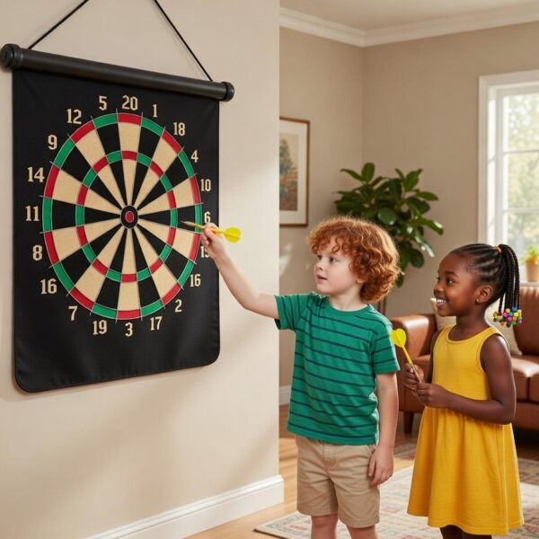 magnetic dart board game set – double sided roll up target board with 6 safe magnetic darts for kids & adults