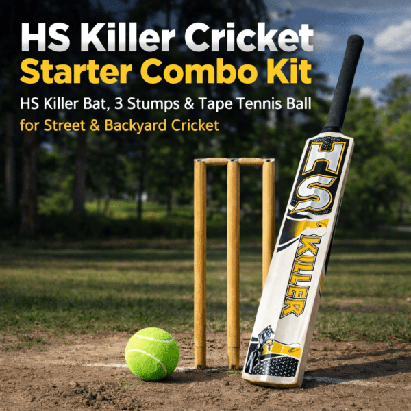 hs killer cricket starter combo kit – 1 hs killer bat, 6 stumps & 1 tape tennis ball for street & backyard cricket