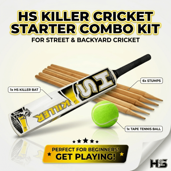 hs killer cricket starter combo kit – 1 hs killer bat, 6 stumps & 1 tape tennis ball for street & backyard cricket