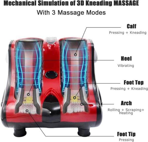relax4life foot & calf massager with heat – deep kneading shiatsu massage, rolling & vibration for pain relief (red)
