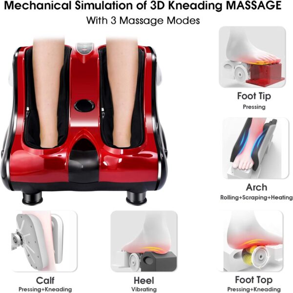 relax4life foot & calf massager with heat – deep kneading shiatsu massage, rolling & vibration for pain relief (red)