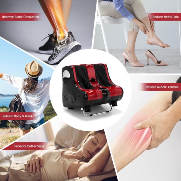 relax4life foot & calf massager with heat – deep kneading shiatsu massage, rolling & vibration for pain relief (red)