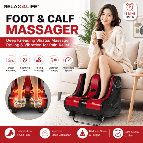 relax4life foot & calf massager with heat – deep kneading shiatsu massage, rolling & vibration for pain relief (red)