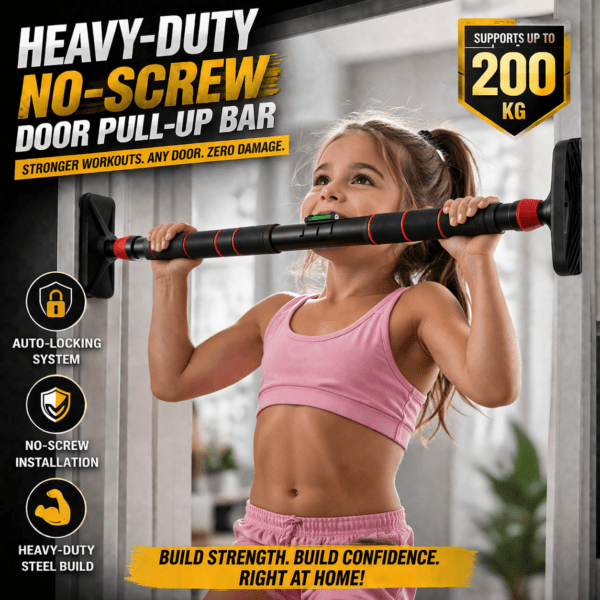 kids safe door pull up bar – no screw installation | 200kg heavy duty | auto locking home fitness bar for children