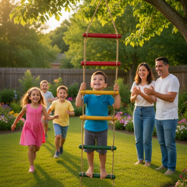 kids rope climbing ladder swing with wooden platforms – indoor & outdoor hanging climber toy for strength & fun