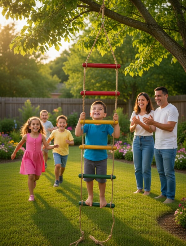 kids rope climbing ladder swing with wooden platforms – indoor & outdoor hanging climber toy for strength & fun