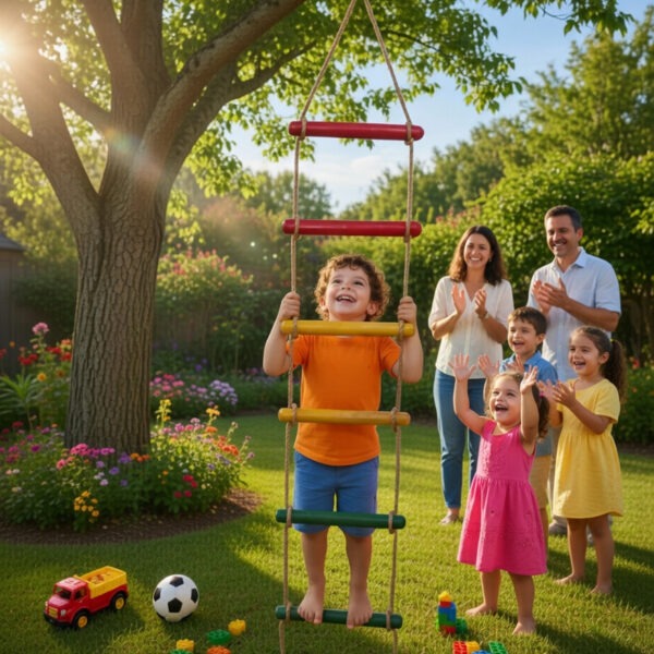 kids rope climbing ladder swing with wooden platforms – indoor & outdoor hanging climber toy for strength & fun