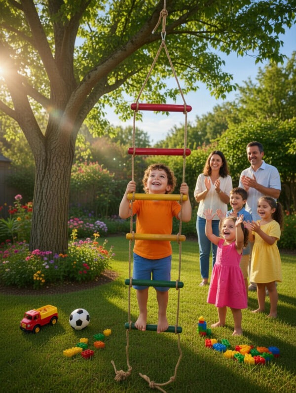 kids rope climbing ladder swing with wooden platforms – indoor & outdoor hanging climber toy for strength & fun