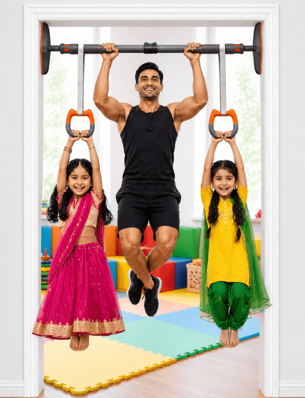 2pcs gymnastics rings with heavy duty door pull up bar – no screw installation | 200kg capacity | auto locking home fitness equipment combo set.