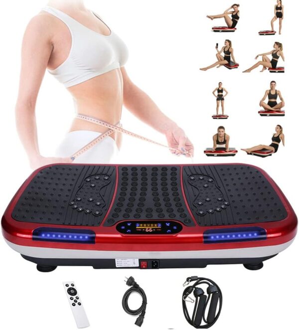 deluxe body slimming vibration plate exercise machine with remote control & resistance bands – full body workout platform for weight loss, muscle toning, calorie burning, pain relief & home gym fitness equipment, 5 auto programs