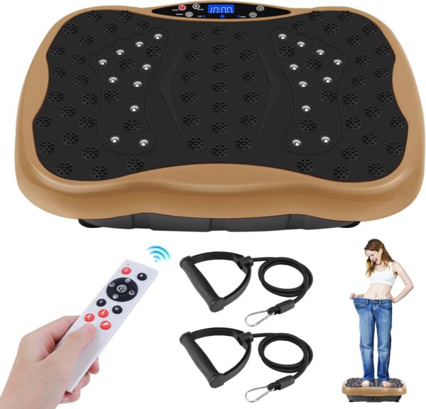 deluxe body slimming vibration plate exercise machine with remote control & resistance bands – full body workout platform for weight loss, muscle toning, calorie burning, pain relief & home gym fitness equipment, 5 auto programs