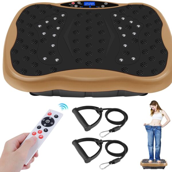 deluxe body slimming vibration plate exercise machine with remote control & resistance bands – full body workout platform for weight loss, muscle toning, calorie burning, pain relief & home gym fitness equipment, 5 auto programs