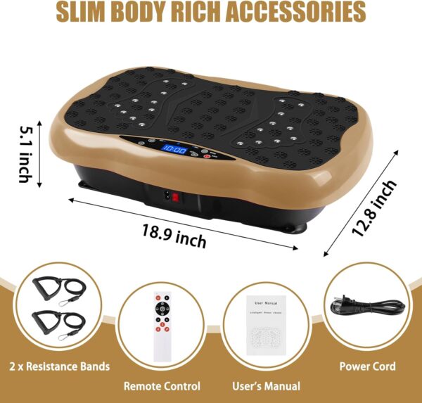 deluxe body slimming vibration plate exercise machine with remote control & resistance bands – full body workout platform for weight loss, muscle toning, calorie burning, pain relief & home gym fitness equipment, 5 auto programs