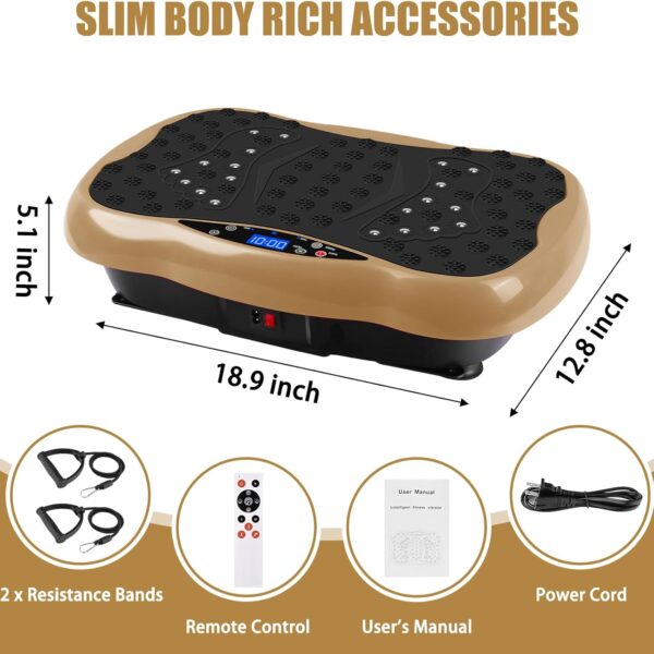 deluxe body slimming vibration plate exercise machine with remote control & resistance bands – full body workout platform for weight loss, muscle toning, calorie burning, pain relief & home gym fitness equipment, 5 auto programs