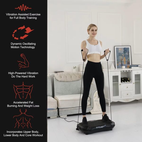 deluxe body slimming vibration plate exercise machine with remote control & resistance bands – full body workout platform for weight loss, muscle toning, calorie burning, pain relief & home gym fitness equipment, 5 auto programs